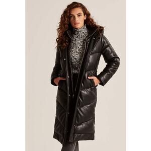 Abercrombie Vegan Leather Long Puffer Coat S Black Hooded Quiet Luxury Winter